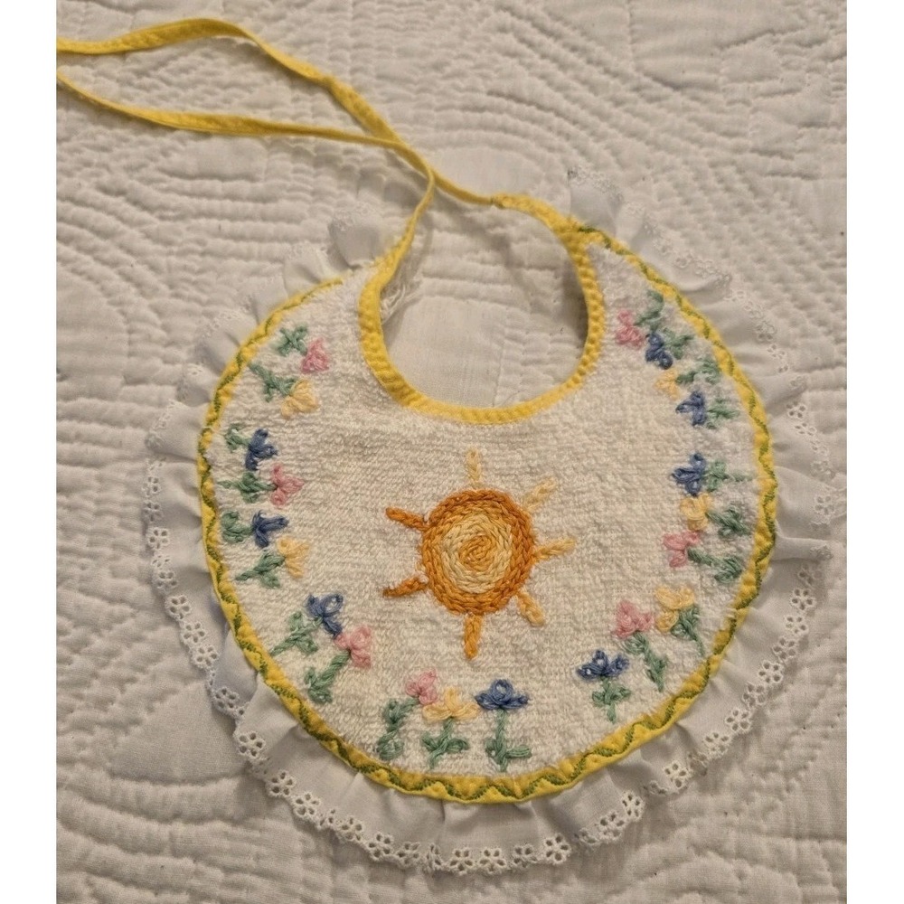 Vintage BABY BIB Embroidered Sun Flowers On Terry Cloth Eyelet Lace Ruffle